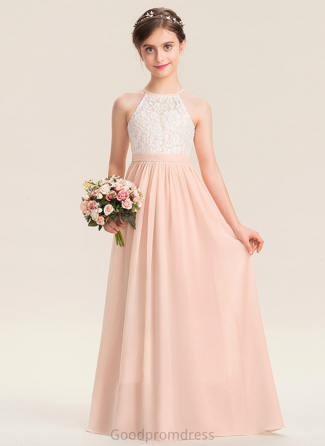 Meredith Junior Bridesmaid Dresses Neck Chiffon A-Line Floor-Length Scoop Lace