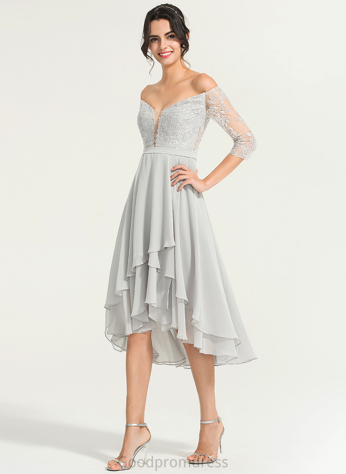 Beading Lana Asymmetrical A-Line Cocktail Lace Chiffon Cocktail Dresses Dress Off-the-Shoulder With