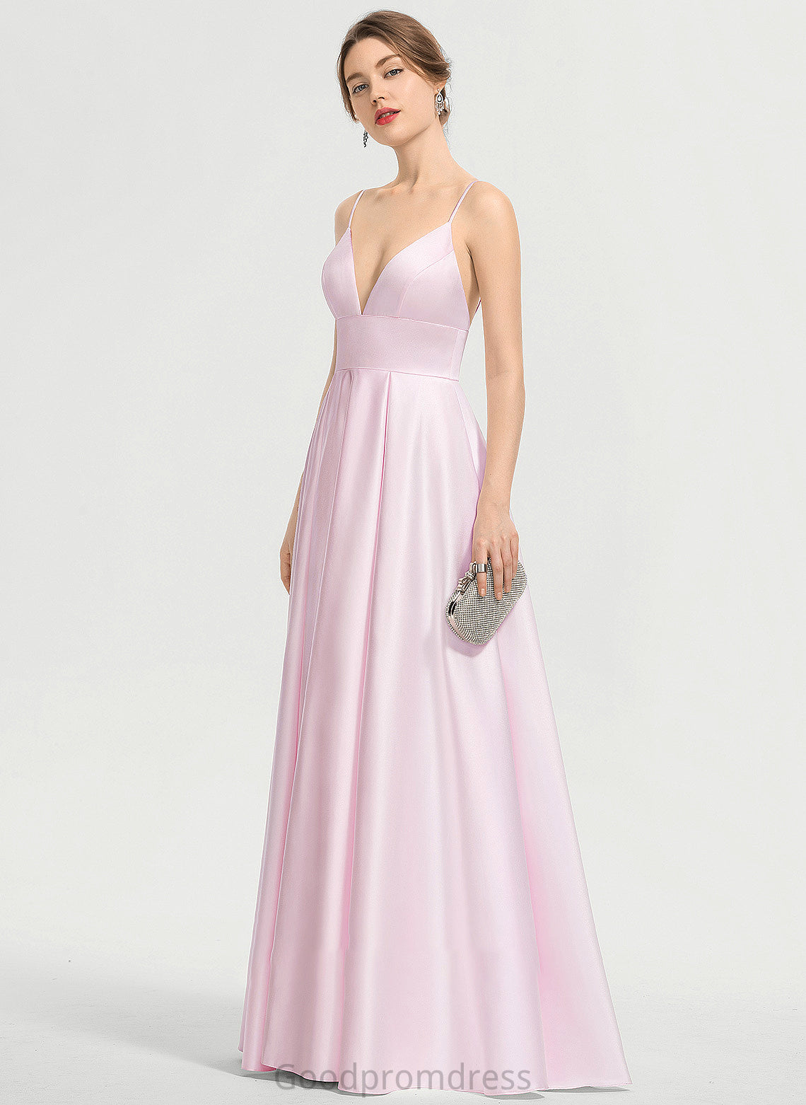 Floor-Length Satin Pockets Kathryn With Prom Dresses A-Line V-neck