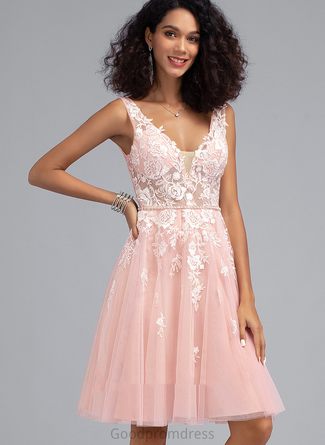 Tulle Sequins Beading V-neck Kaiya Lace Dress Homecoming Dresses Homecoming With A-Line Knee-Length