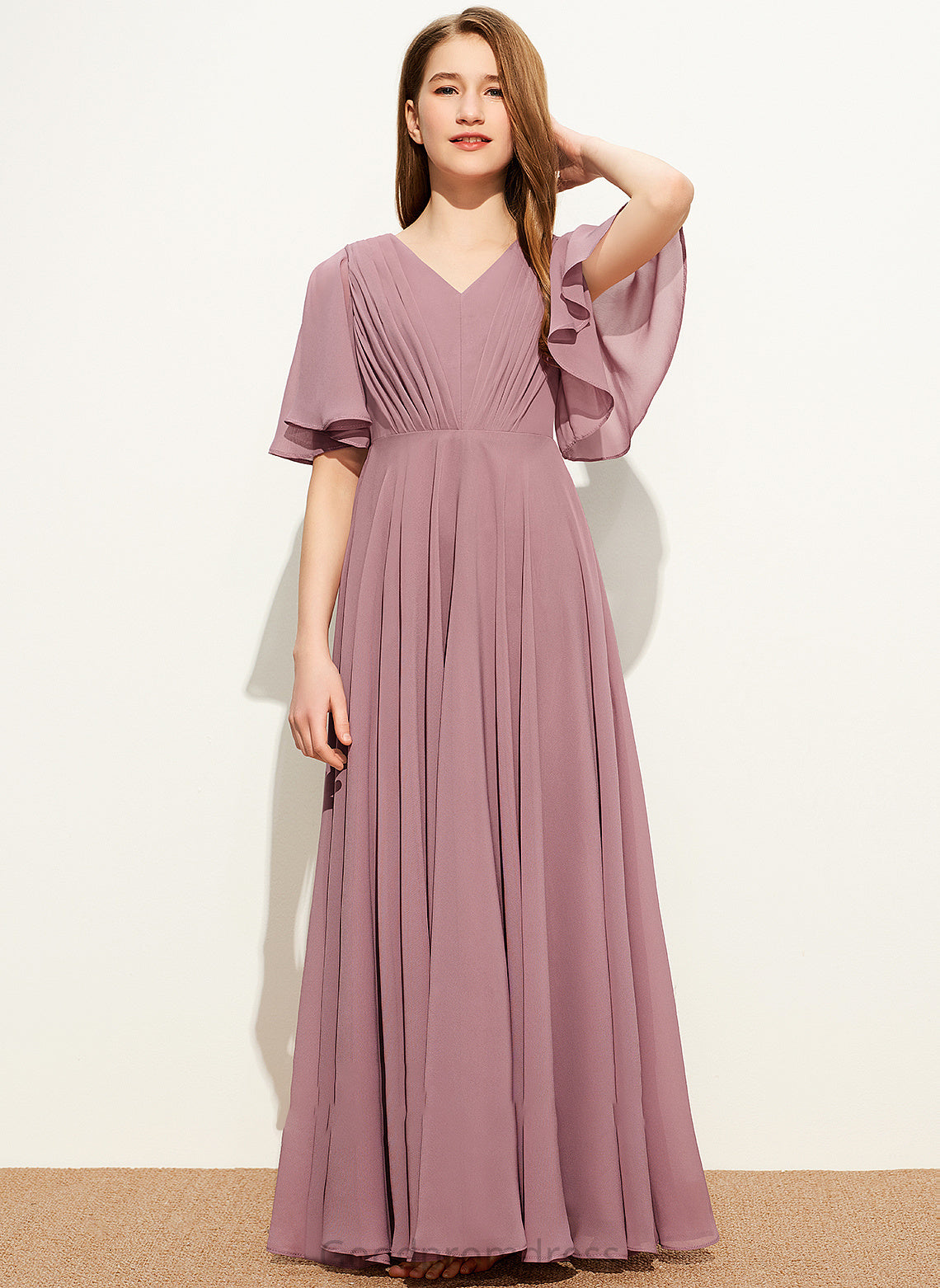 Junior Bridesmaid Dresses Ruffle With A-Line London Chiffon Floor-Length V-neck