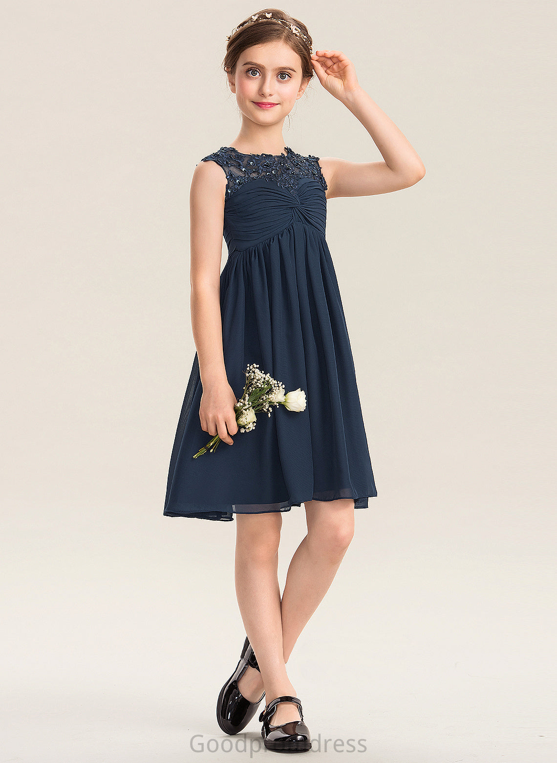 Neck Beading With Knee-Length Sequins Chiffon Dania Ruffle Scoop Junior Bridesmaid Dresses Lace Empire