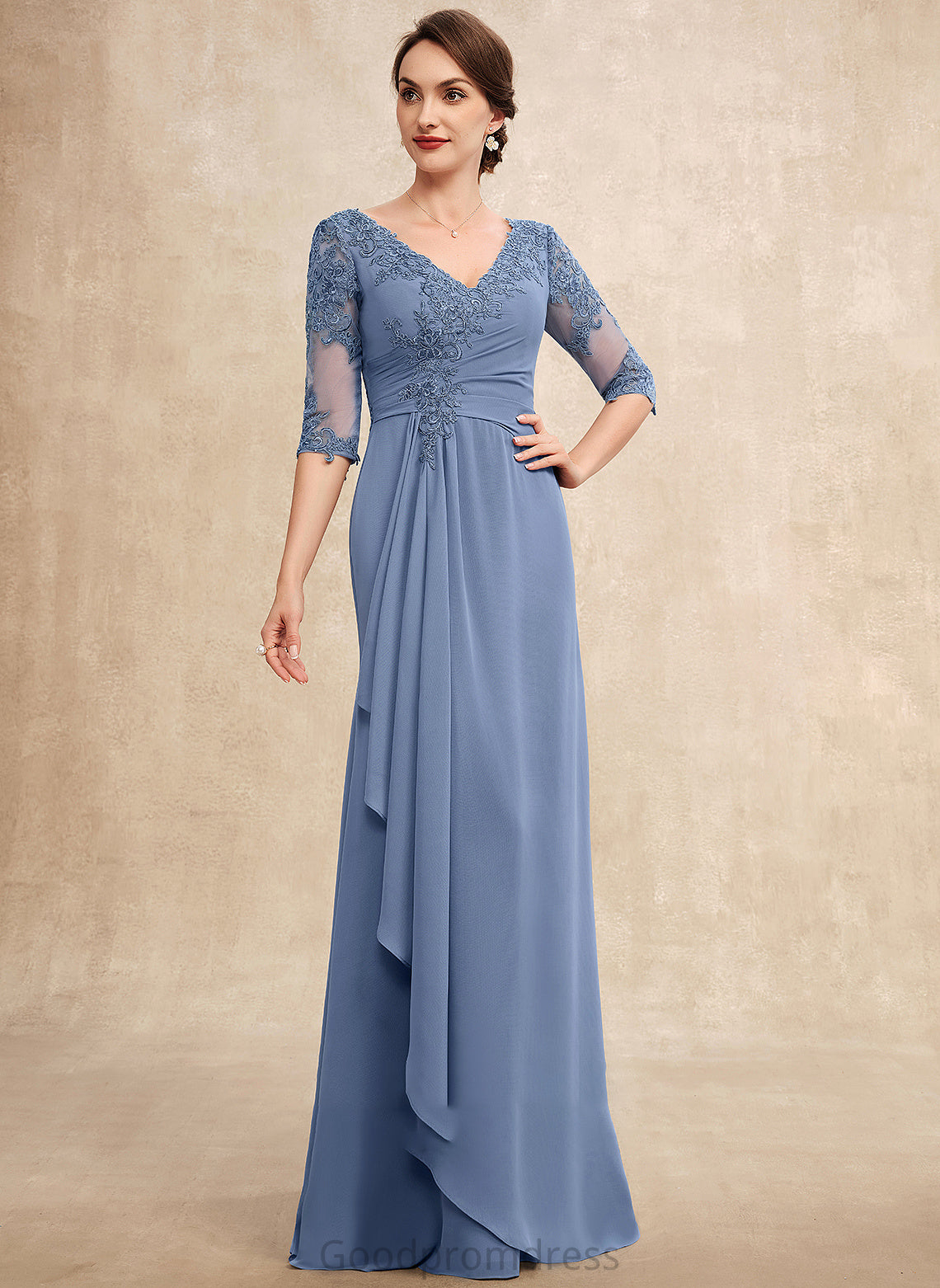 Chiffon Cascading Floor-Length the Mother of the Bride Dresses A-Line Bride Dress With Lace V-neck Ruffles of Yareli Mother