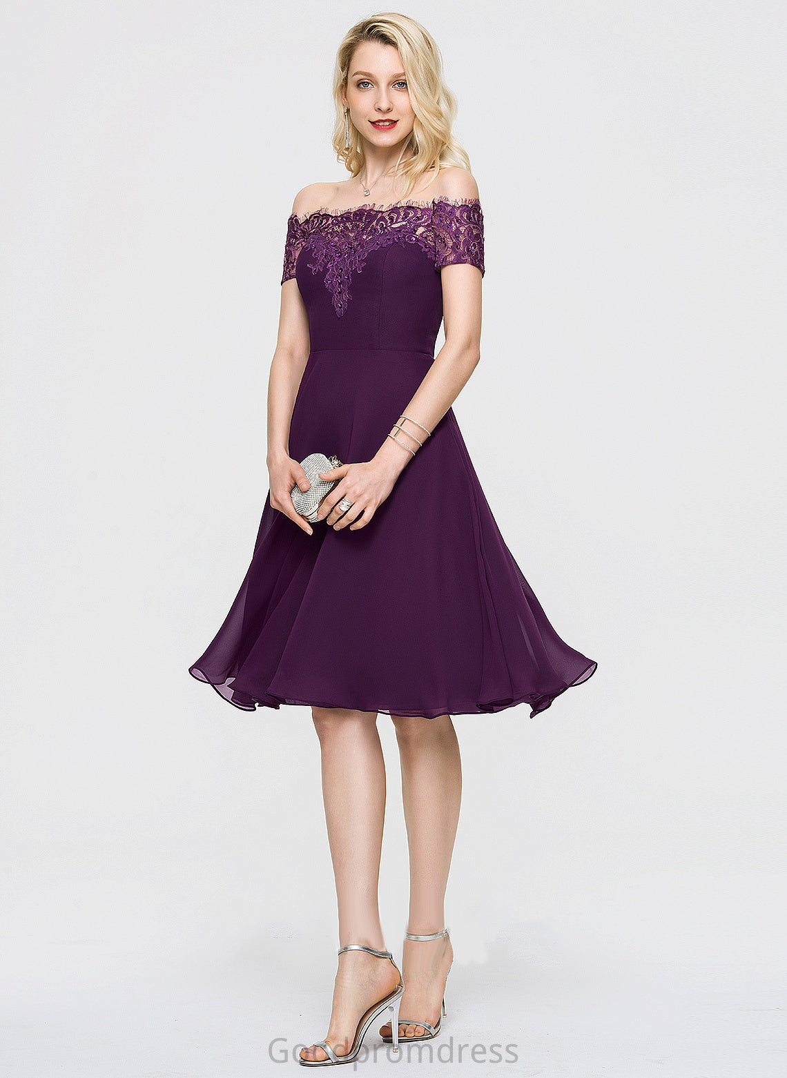 Knee-Length Chiffon With Homecoming Dresses Off-the-Shoulder Jode Homecoming Lace Beading Dress A-Line