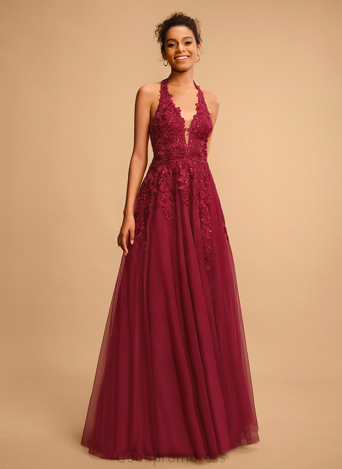 Sequins Floor-Length Ball-Gown/Princess With Lace Mavis Prom Dresses Tulle Halter