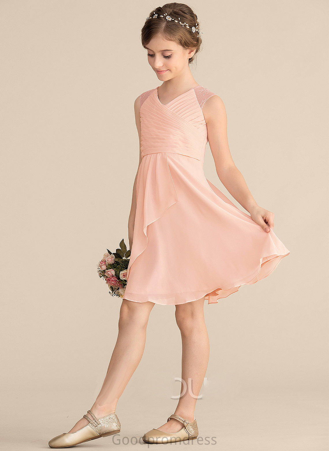 A-Line With Cascading Nathaly Knee-Length V-neck Chiffon Junior Bridesmaid Dresses Ruffles Lace