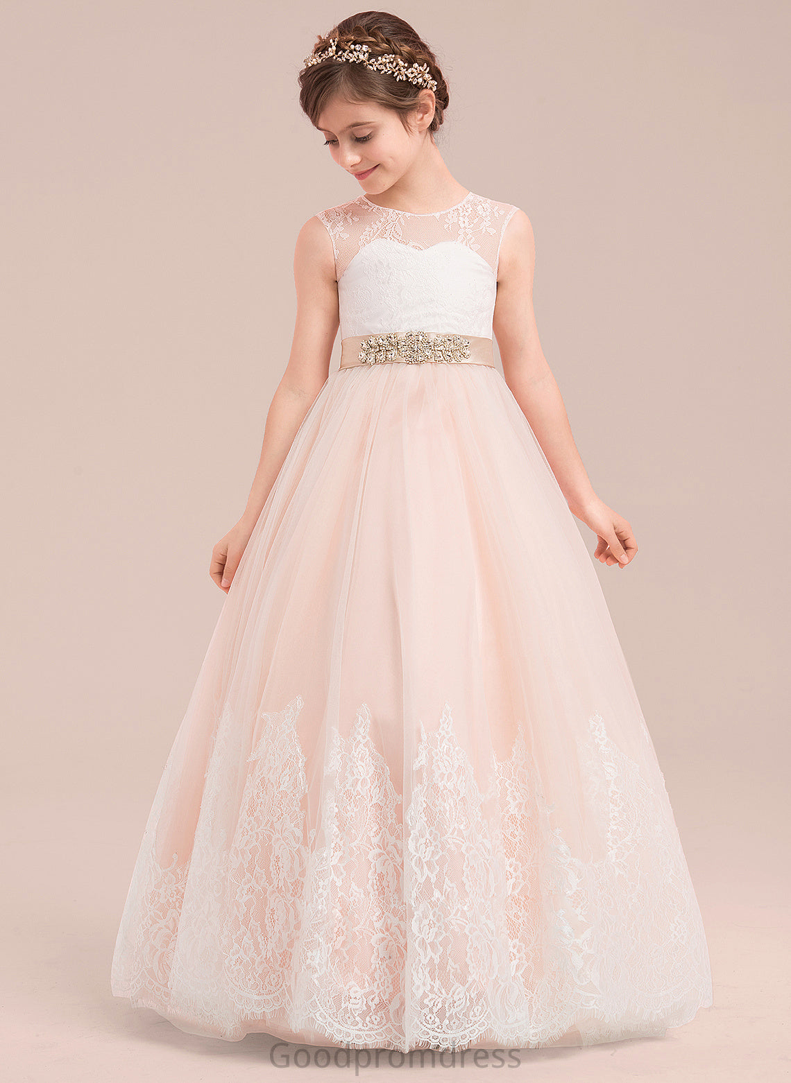 Satin/Tulle/Lace Sleeveless Flower Girl Dresses Floor-length Neck Ball-Gown/Princess - With Flower Beading Dress Girl Marley Scoop