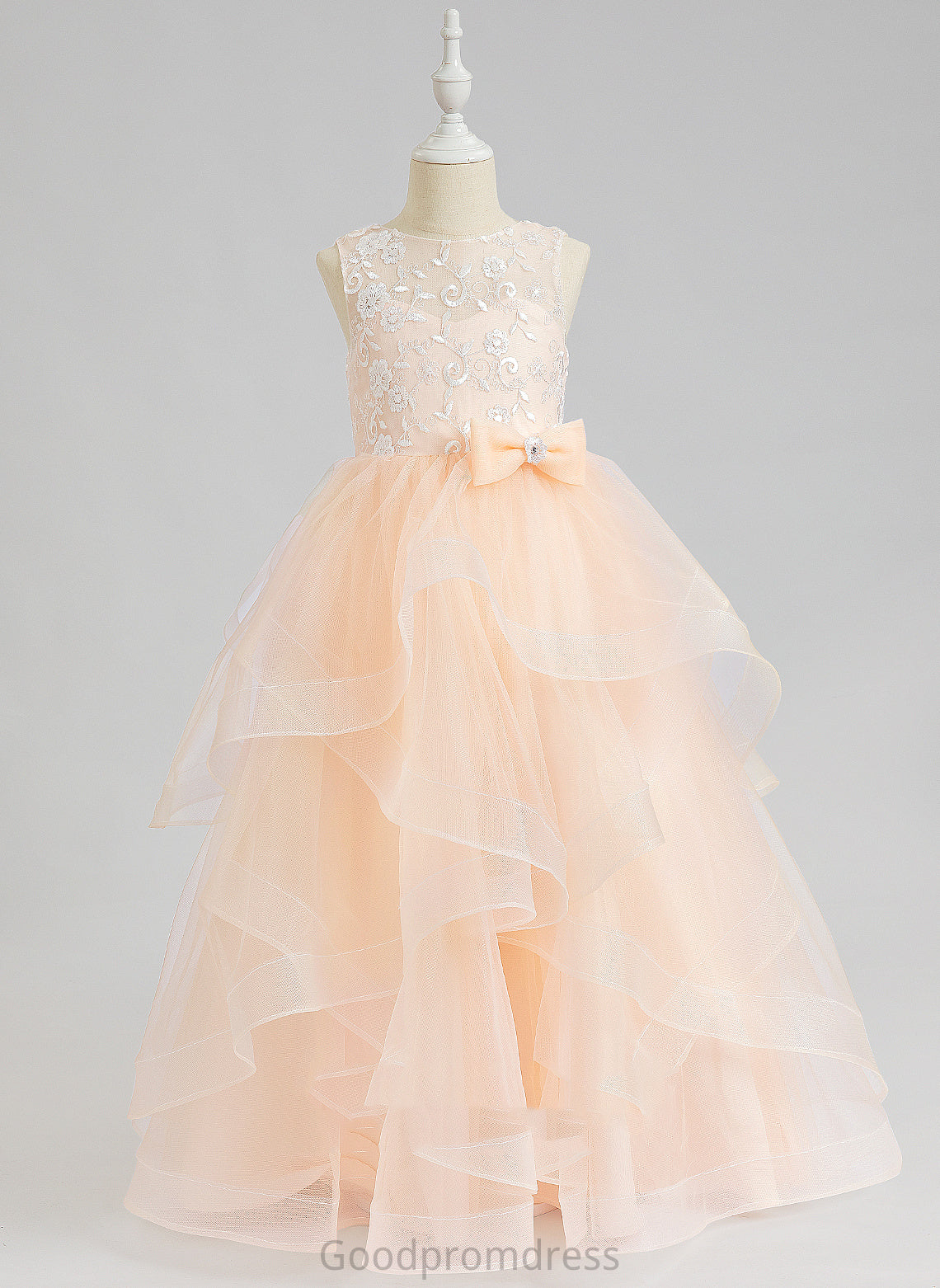 Dress Back Floor-length With Ball-Gown/Princess - Flower Girl Dresses Scalloped Emilee Flower Girl Sleeveless Neck Tulle Lace/Flower(s)/Bow(s)/V