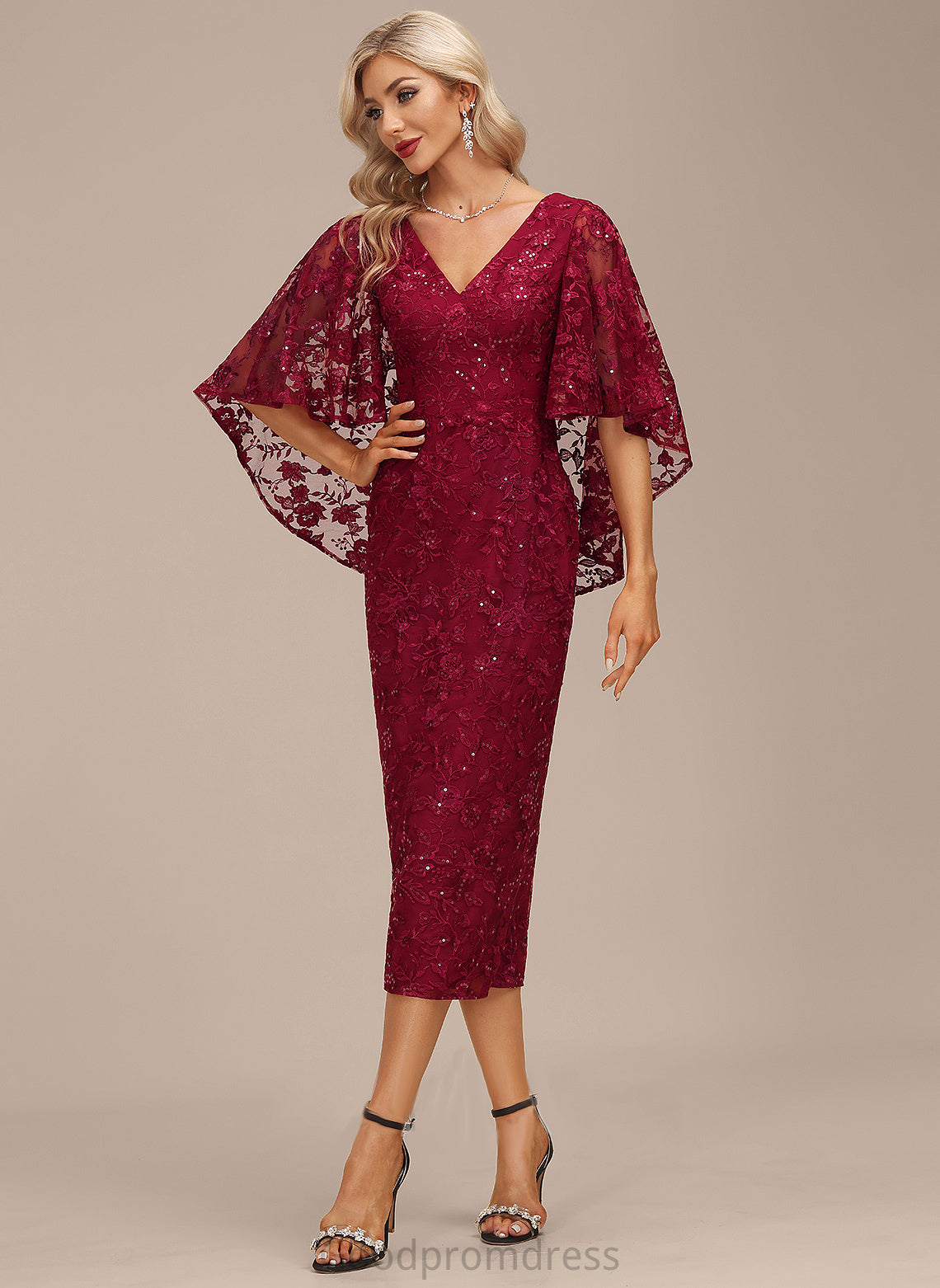 Madalynn Dress With Cocktail Dresses Cocktail Lace Sheath/Column Tea-Length V-neck Sequins