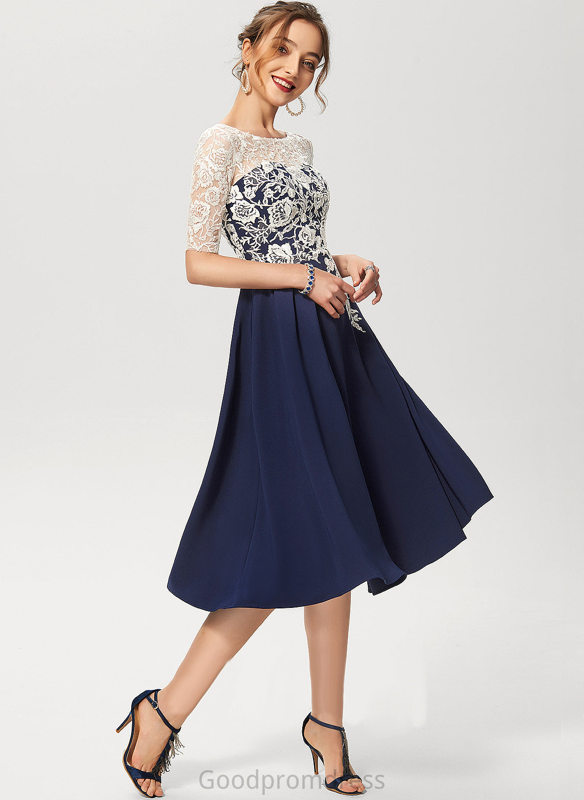 A-Line Simone Cocktail Cocktail Dresses Lace Scoop Dress Knee-Length Crepe Stretch With Neck Sequins