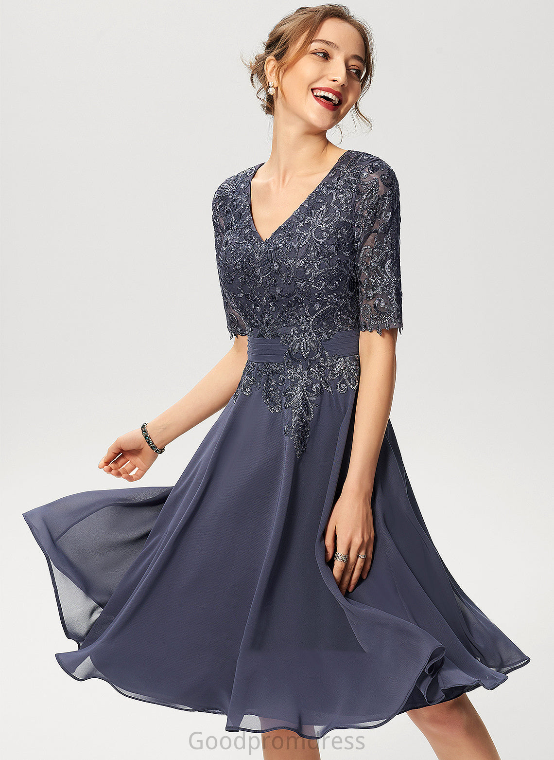 Ashley Cocktail Dress With V-neck Lace A-Line Chiffon Sequins Knee-Length Cocktail Dresses