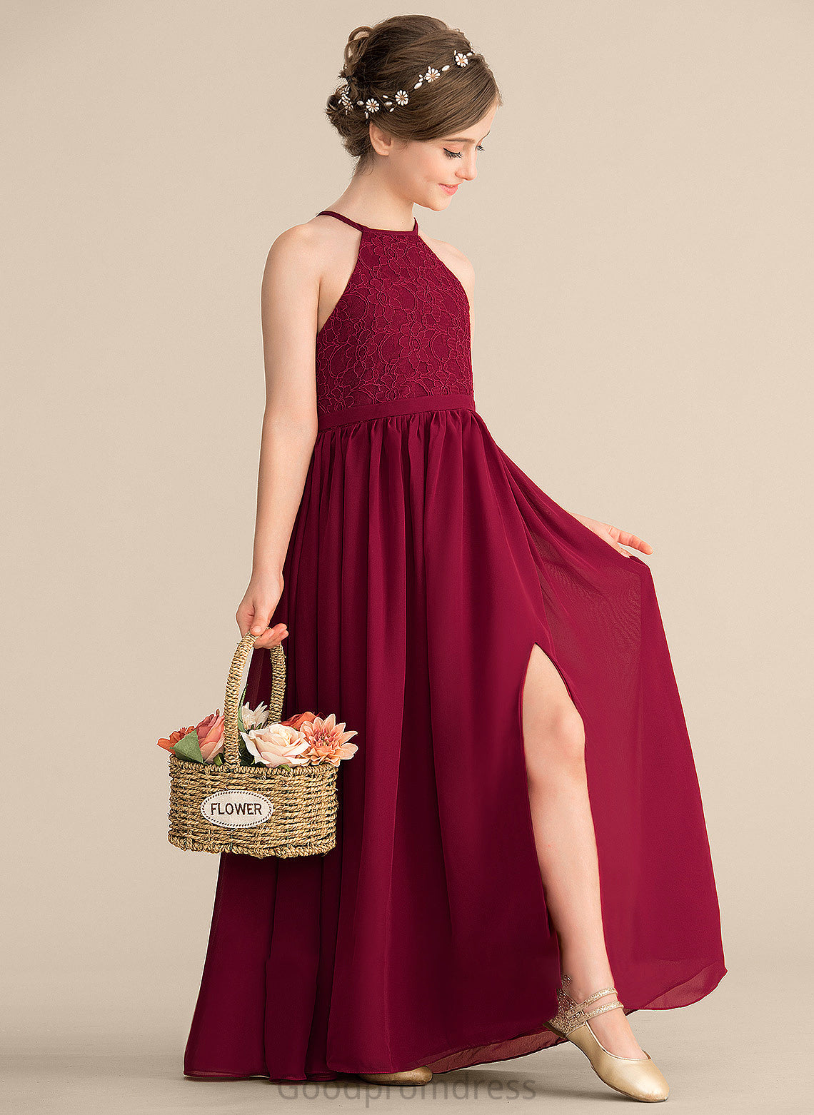 A-Line Front With Junior Bridesmaid Dresses Alexus Scoop Lace Split Neck Floor-Length Chiffon