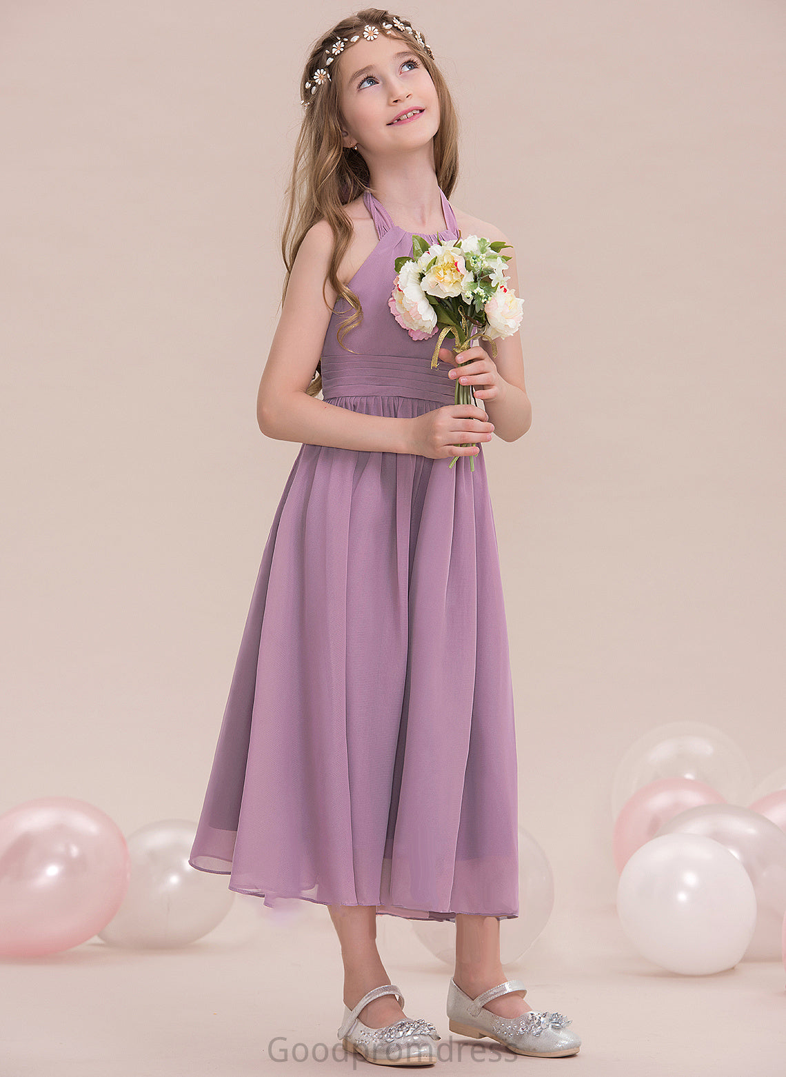 Ruffle A-Line Tea-Length Presley With Halter Chiffon Junior Bridesmaid Dresses