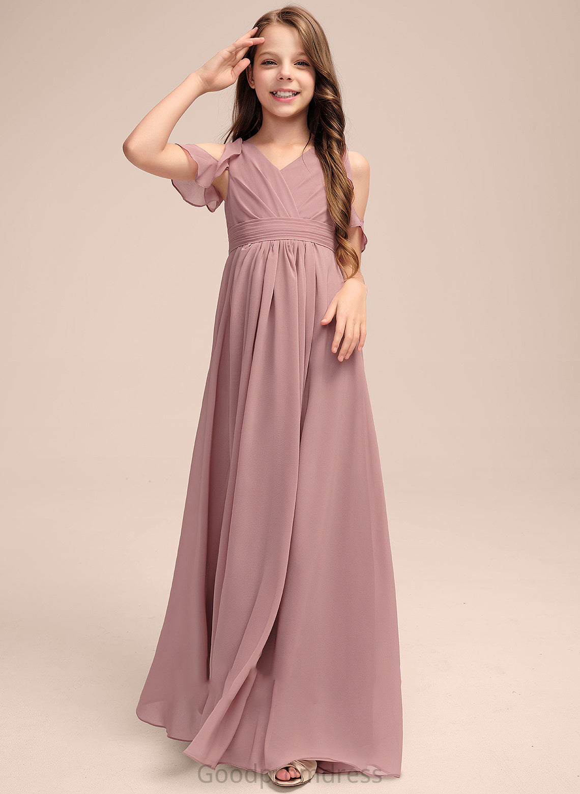 Junior Bridesmaid Dresses Floor-Length Cascading V-neck Christina Chiffon Ruffles With A-Line