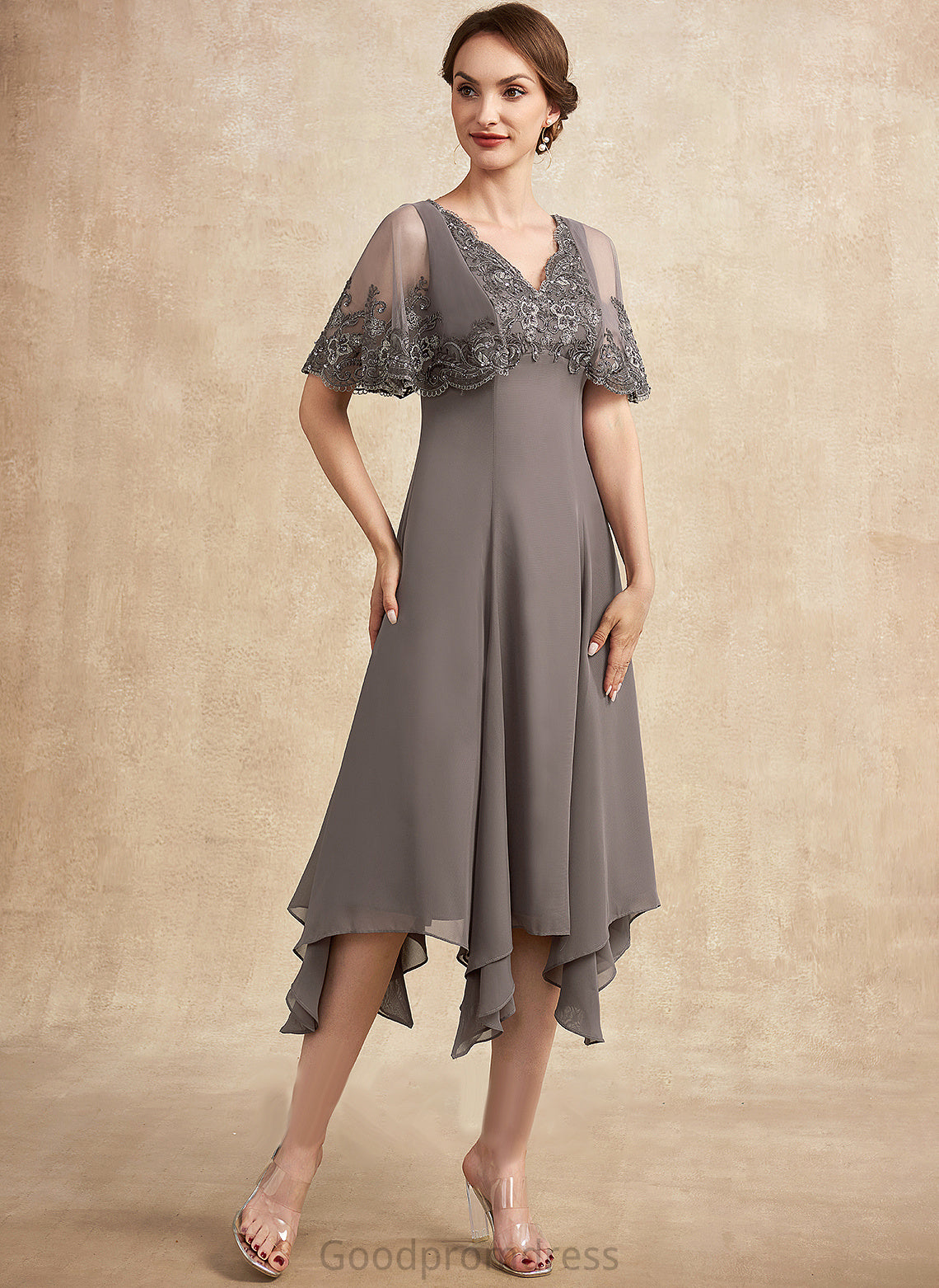 Beading Chiffon Ali Mother Lace V-neck Mother of the Bride Dresses the With Bride of A-Line Sequins Dress Tea-Length