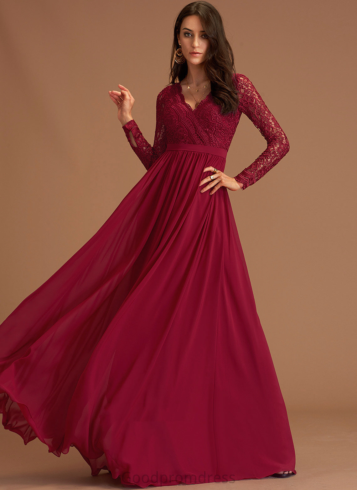 Abril Chiffon V-neck Lace Prom Dresses Floor-Length A-Line