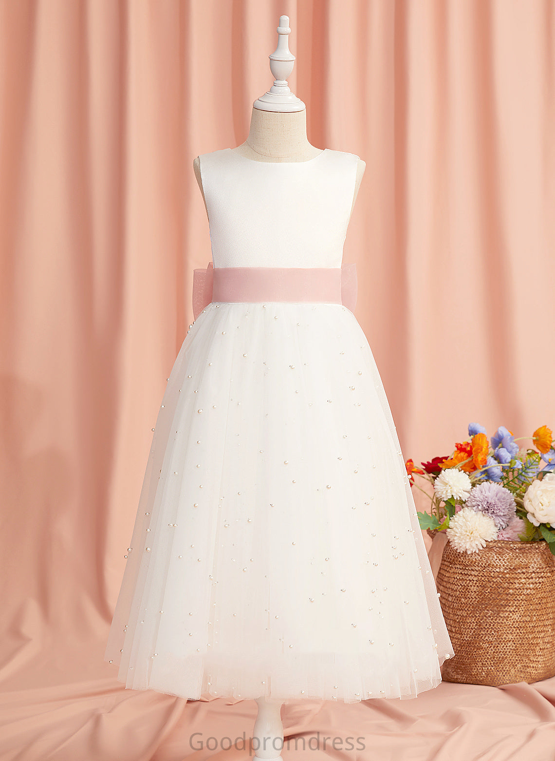 Satin/Tulle Sash/Bow(s)/V With Flower Dress Tea-length Girl Neck Back - A-Line Scoop Sleeveless Flower Girl Dresses Maisie