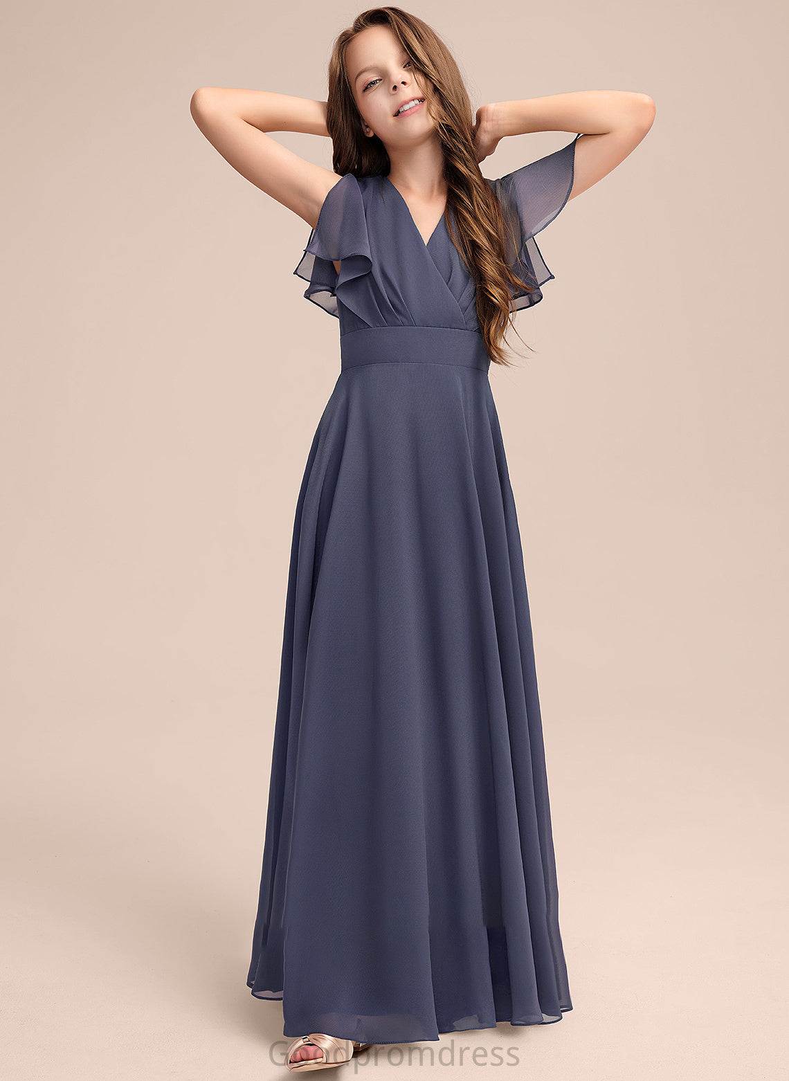 Floor-Length Abigail V-neck Chiffon A-Line Bow(s) Ruffle With Junior Bridesmaid Dresses