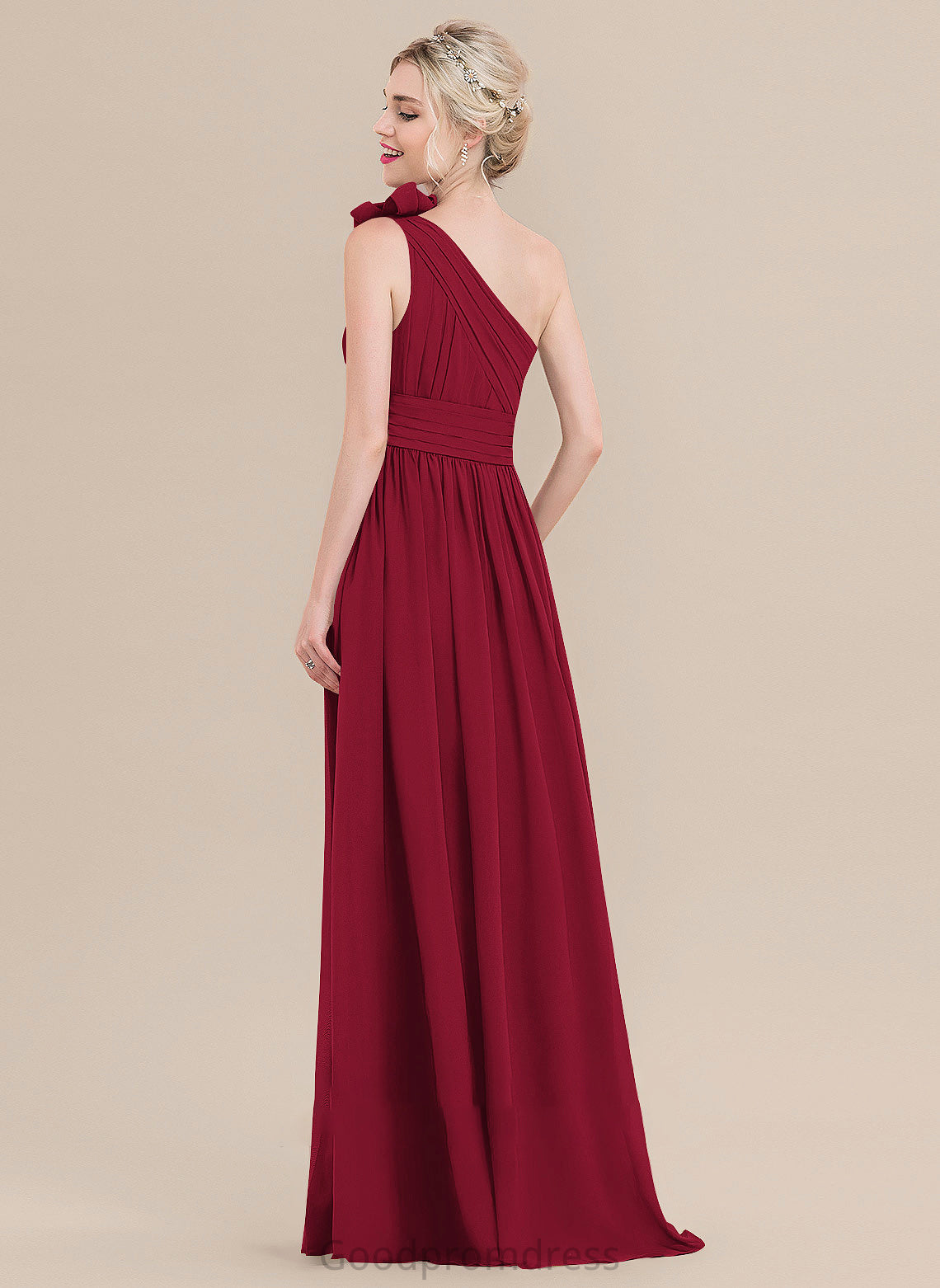 Floor-Length Length Silhouette A-Line One-Shoulder Fabric Neckline Flower(s) Embellishment Ruffle Cynthia Natural Waist Bridesmaid Dresses