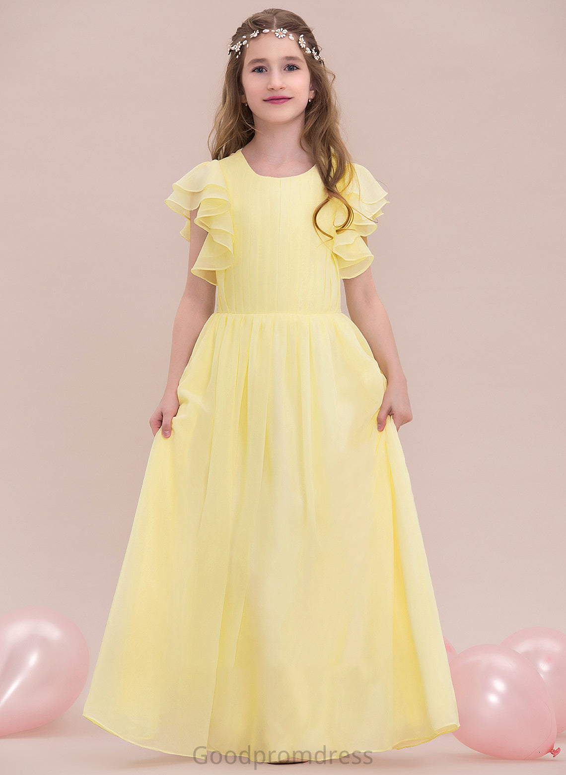 A-LineScoopNeckFloor-LengthChiffonJuniorBridesmaidDressWithRuffleCascadingRuffles#123850 Lena Junior Bridesmaid Dresses