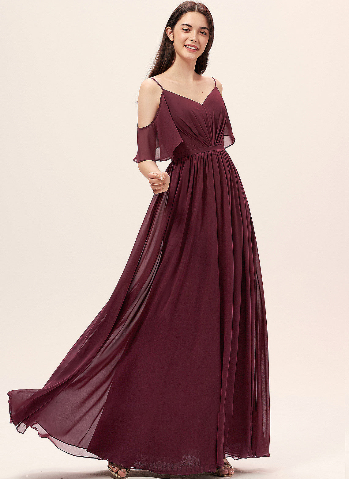 Silhouette Fabric V-neck A-Line Ruffle Embellishment Floor-Length Length Neckline Karsyn A-Line/Princess V-Neck Bridesmaid Dresses