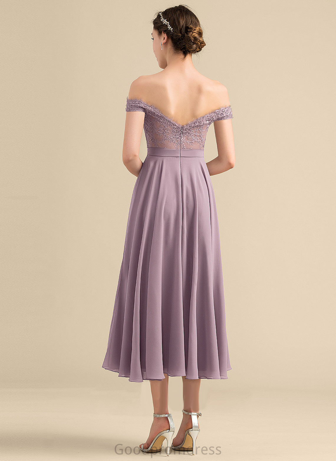 Lace Cocktail Off-the-Shoulder A-Line Chiffon Cocktail Dresses With Tea-Length Finley Dress Beading