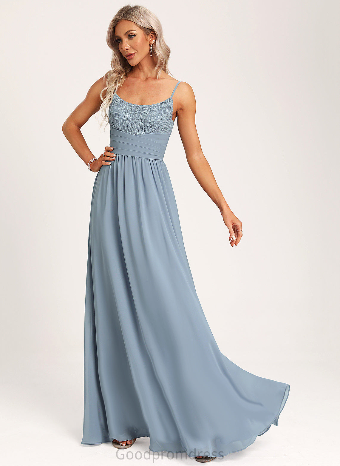 Lace A-Line Fabric Silhouette Floor-Length Neckline Straps&Sleeves Length Scoop Lina Bridesmaid Dresses