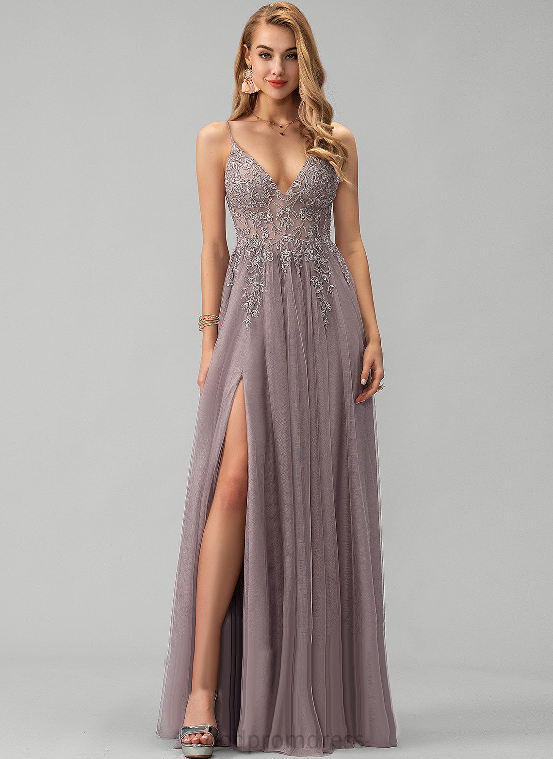 Kay Beading Sequins Lace With V-neck Tulle Floor-Length A-Line Prom Dresses