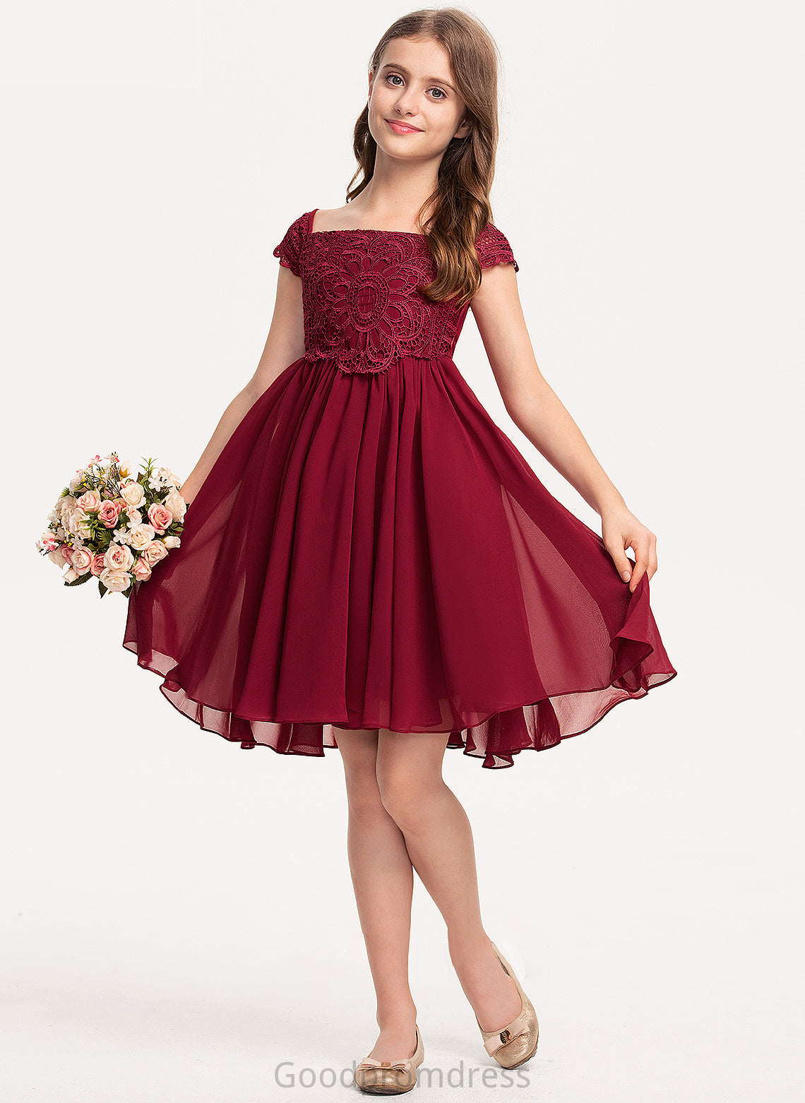 Lace A-Line Bow(s) Julie Junior Bridesmaid Dresses With Knee-Length Chiffon Off-the-Shoulder