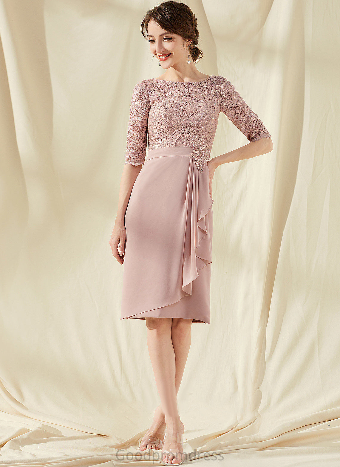 Pam Cocktail Sheath/Column Knee-Length Cocktail Dresses Chiffon Beading Neck Cascading Scoop Lace Ruffles With Dress