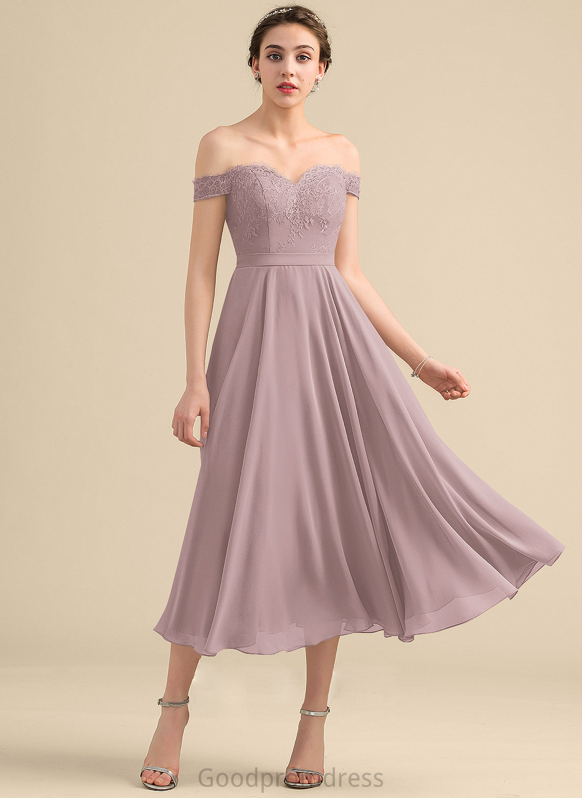 Sequins Embellishment Length Tea-Length Off-the-Shoulder Neckline Beading A-Line Fabric Silhouette Karla Trumpet/Mermaid Bridesmaid Dresses