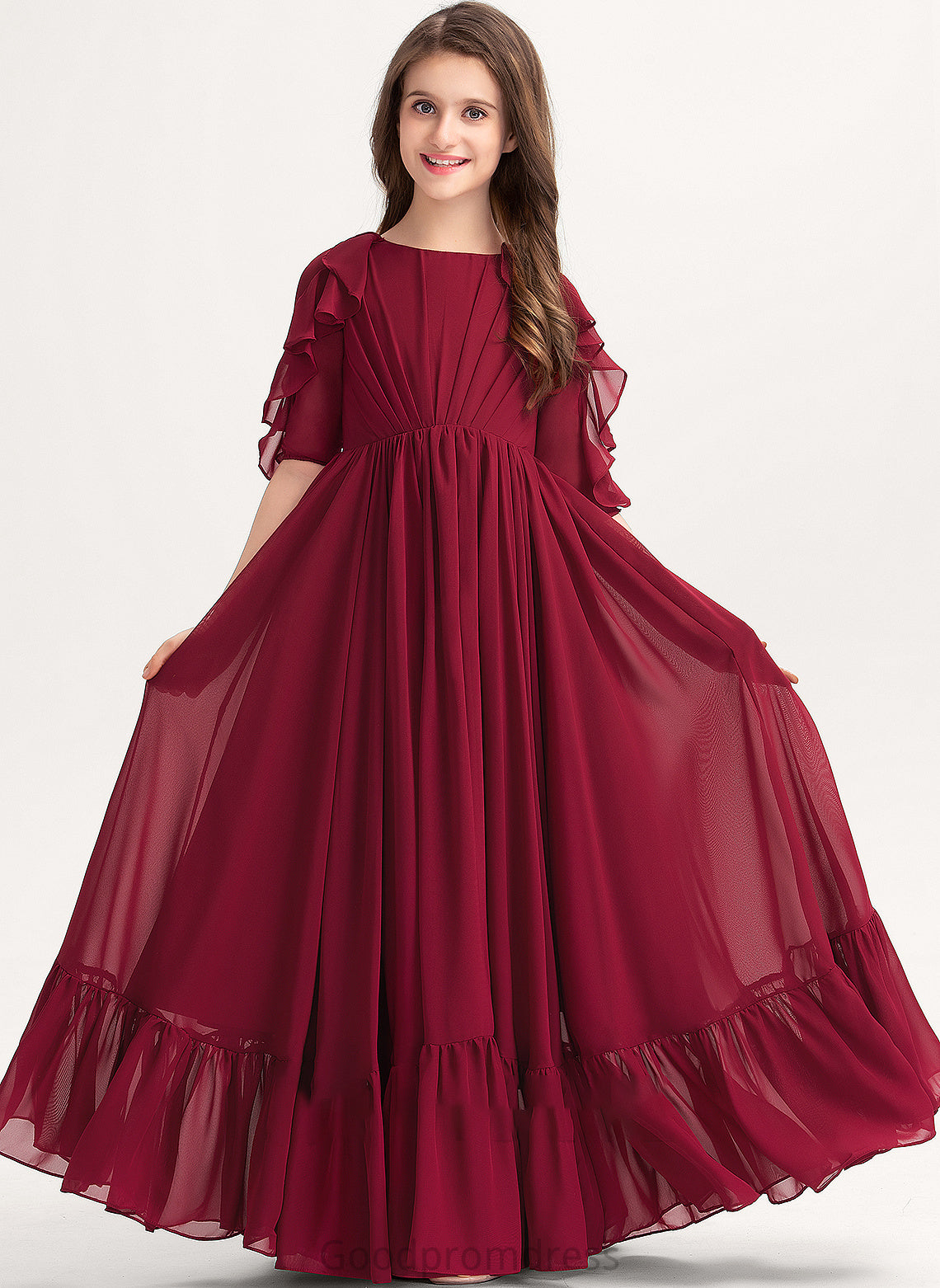 Neck Floor-Length Cascading A-Line Scoop Junior Bridesmaid Dresses Ruffles Ursula With Chiffon