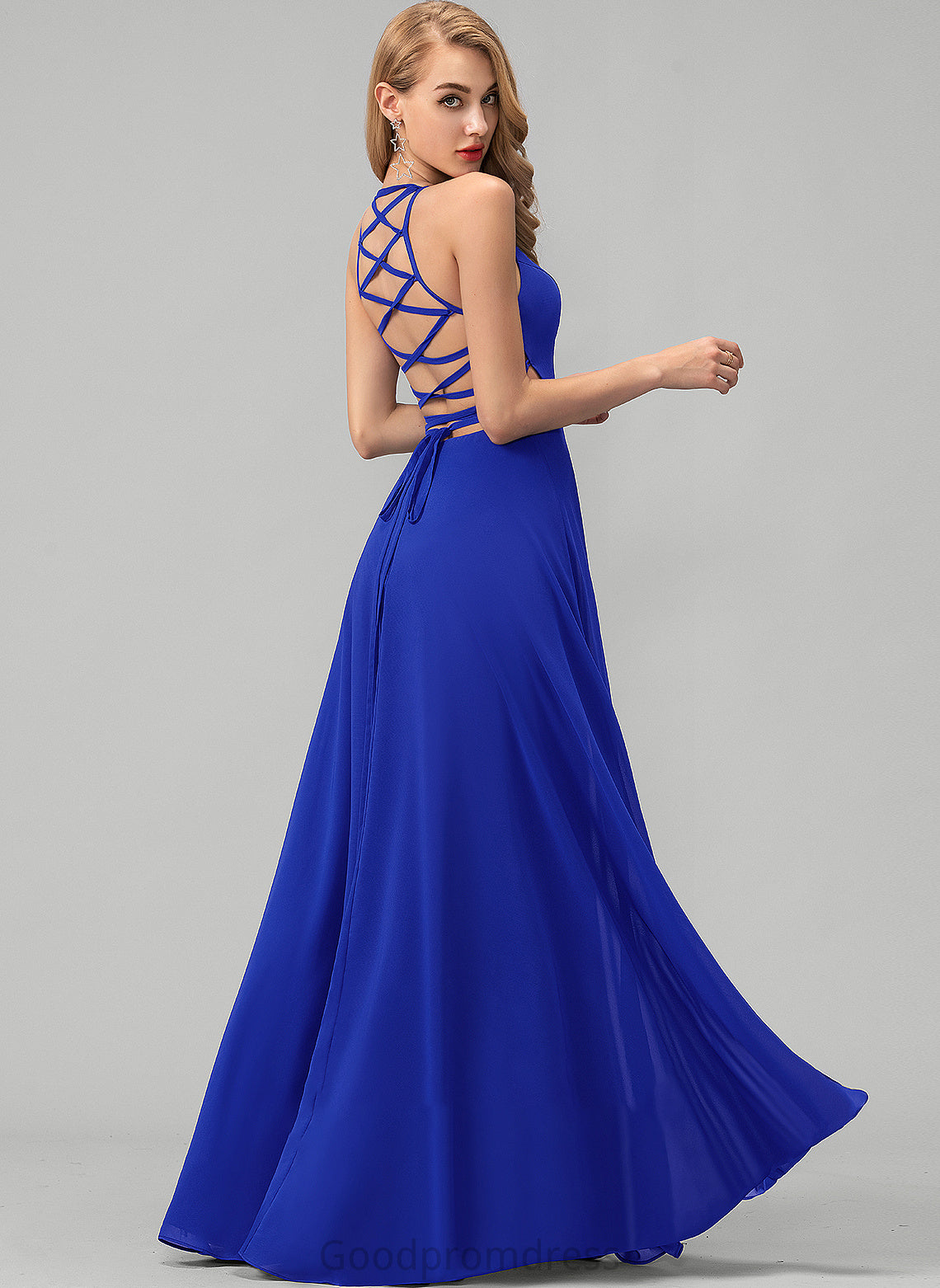 Chiffon With Neck Floor-Length A-Line Louise Scoop Prom Dresses Front Split