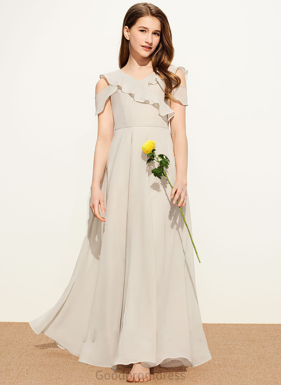 Floor-Length Ruffles A-Line Yazmin Cascading V-neck Junior Bridesmaid Dresses With Chiffon