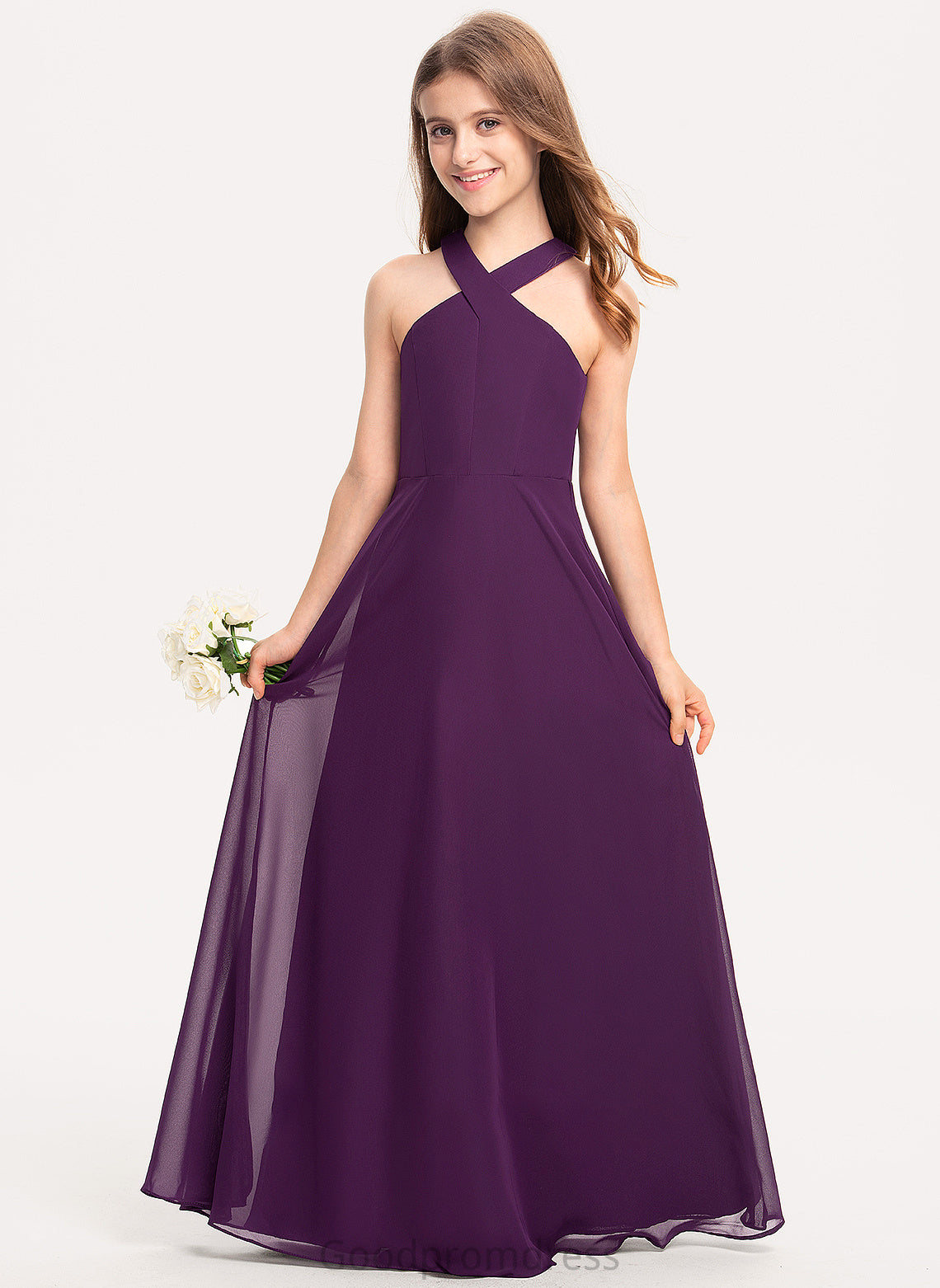 Floor-Length A-Line Hillary Junior Bridesmaid Dresses V-neck Chiffon