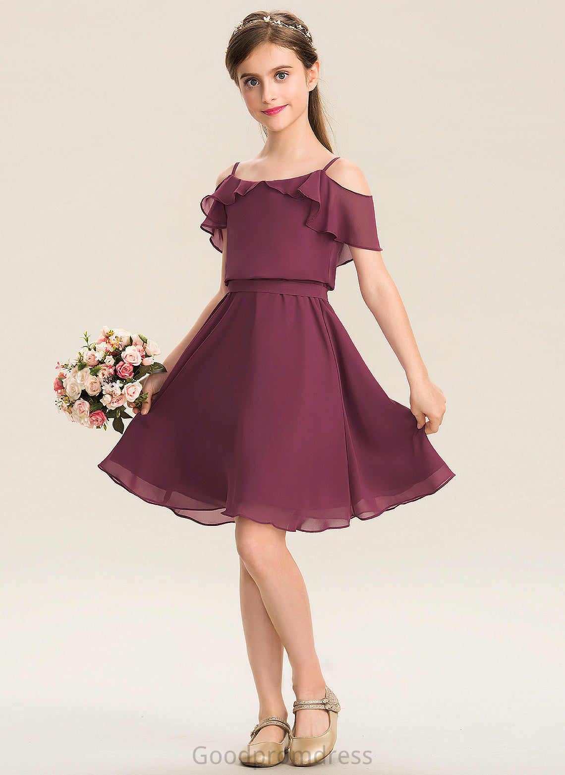 Off-the-Shoulder With Junior Bridesmaid Dresses Knee-Length Cascading Chiffon Bow(s) A-Line Juliet Ruffles