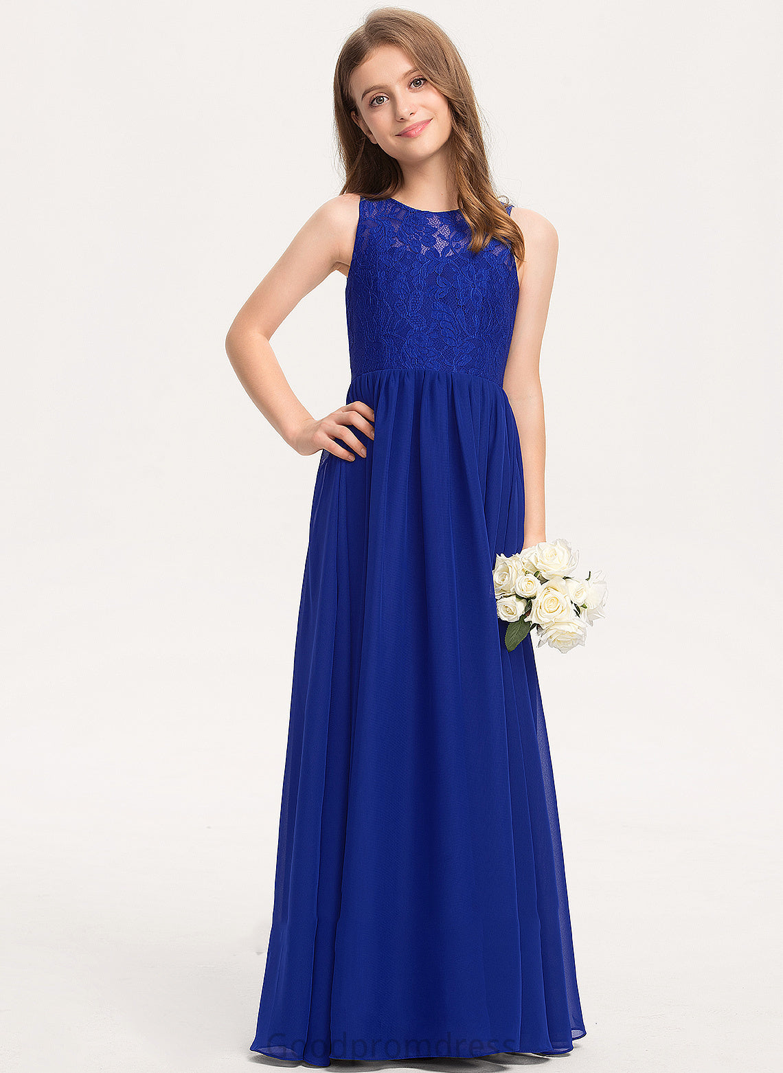 Scoop Chiffon Cindy Lace A-Line Neck Floor-Length Junior Bridesmaid Dresses