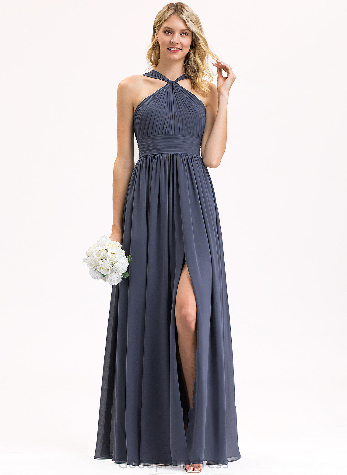 Neckline Fabric Length SplitFront Embellishment Silhouette V-neck Ruffle A-Line Floor-Length Meredith Floor Length Bridesmaid Dresses