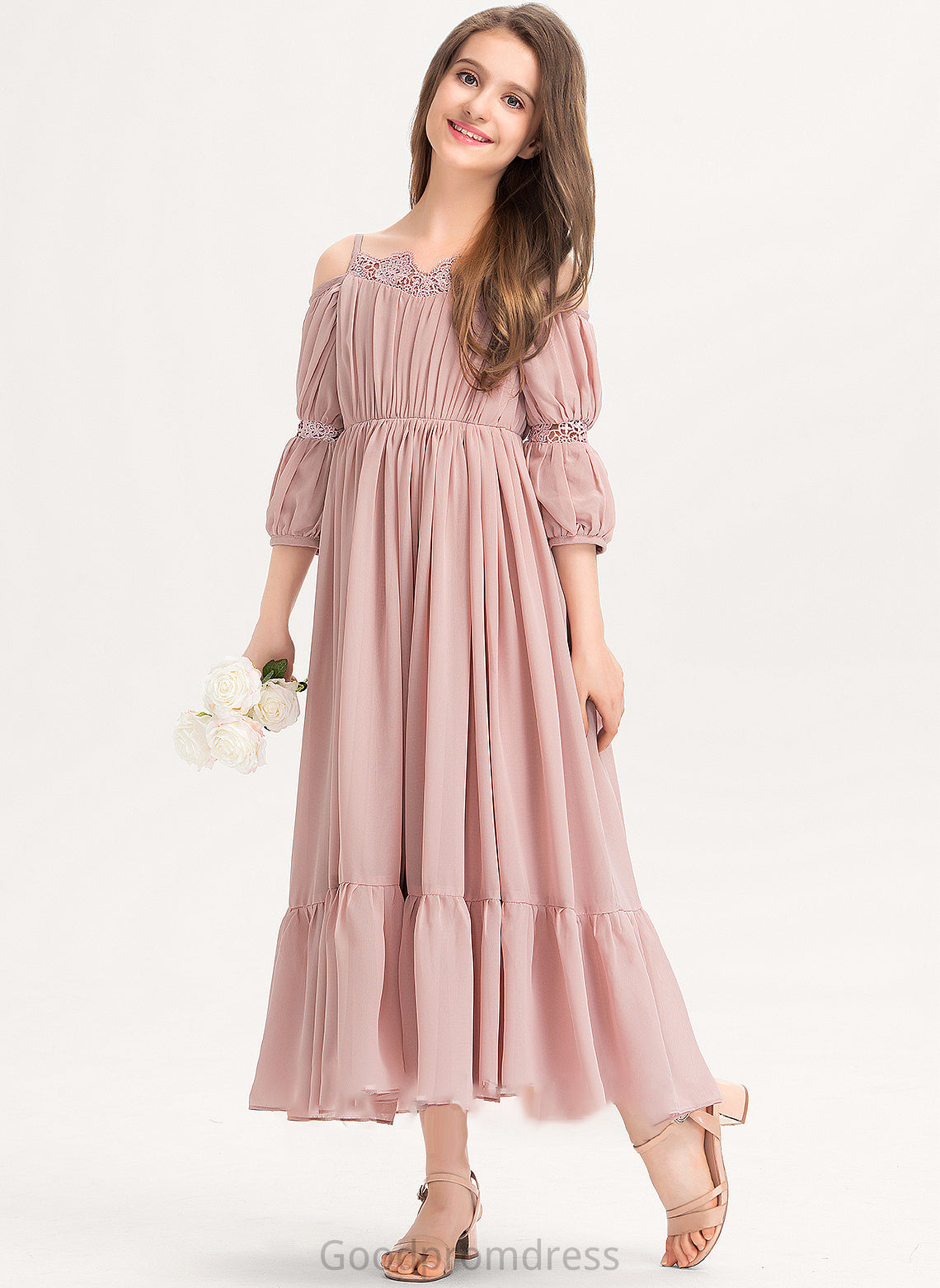 Neckline Lace Ankle-Length Square With Chiffon Ruffle A-Line Junior Bridesmaid Dresses Nina