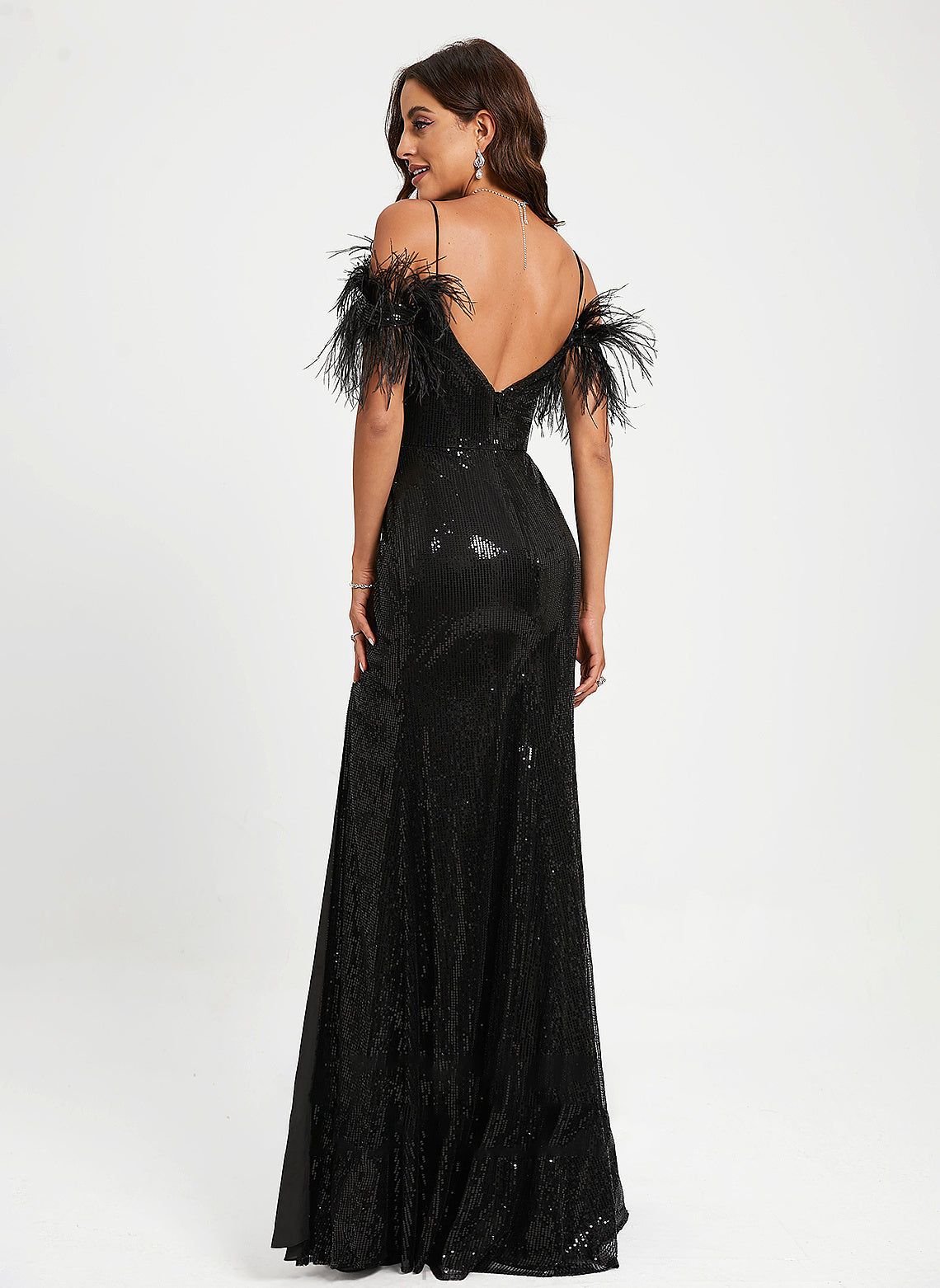 Floor-Length Prom Dresses Neck Feather With America Sequined Scoop Sheath/Column Sequins