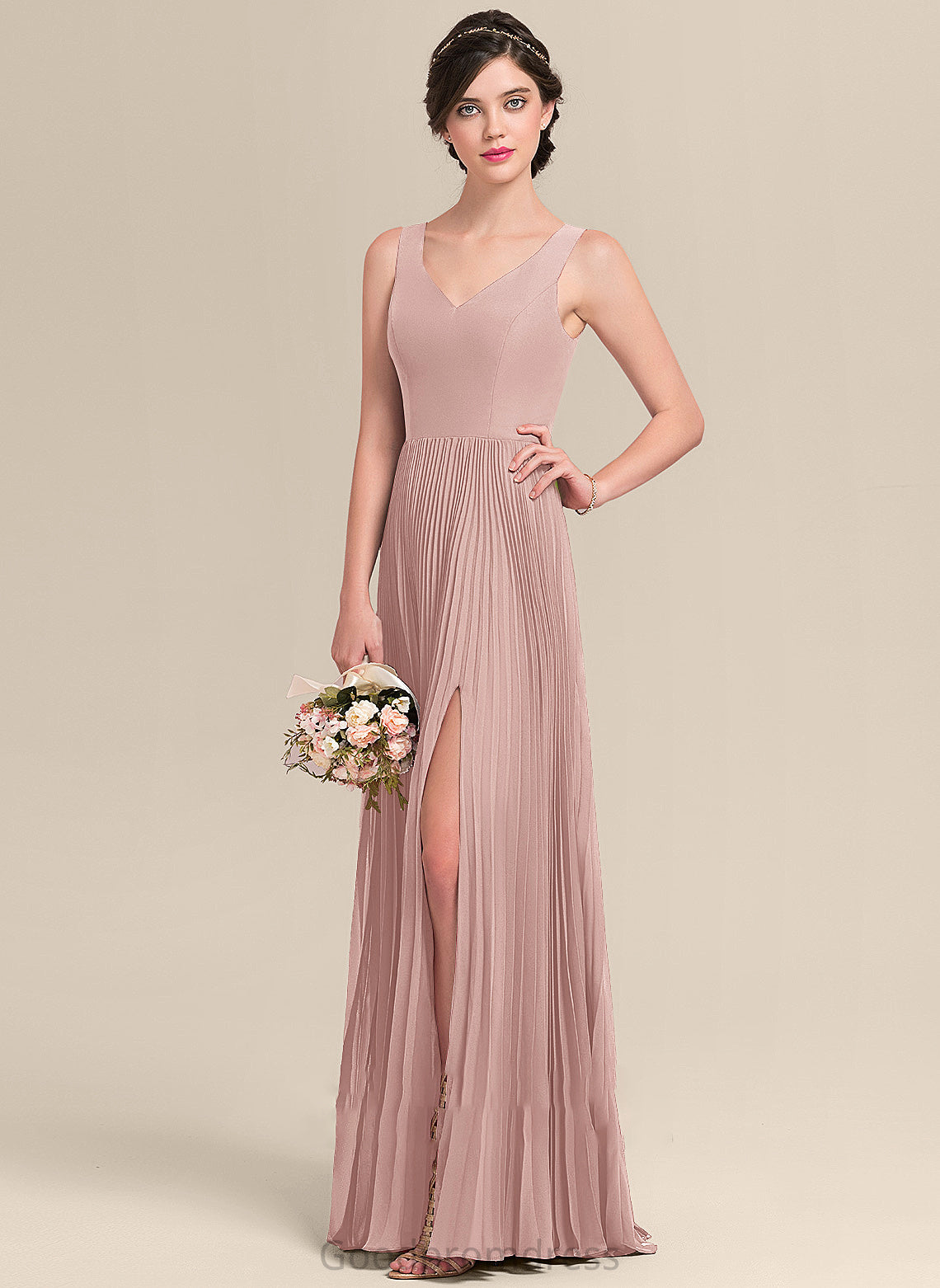 A-Line Silhouette V-neck Fabric Length Pleated Embellishment Floor-Length Neckline SplitFront Allisson A-Line/Princess Bridesmaid Dresses