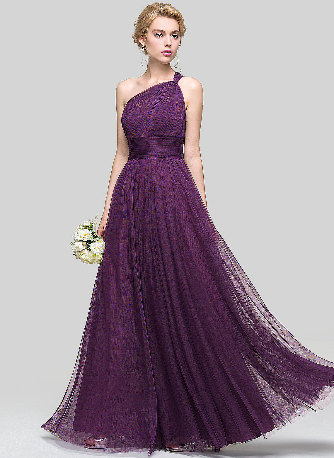 Anika Floor-Length A-Line With Tulle Prom Dresses Ruffle One-Shoulder