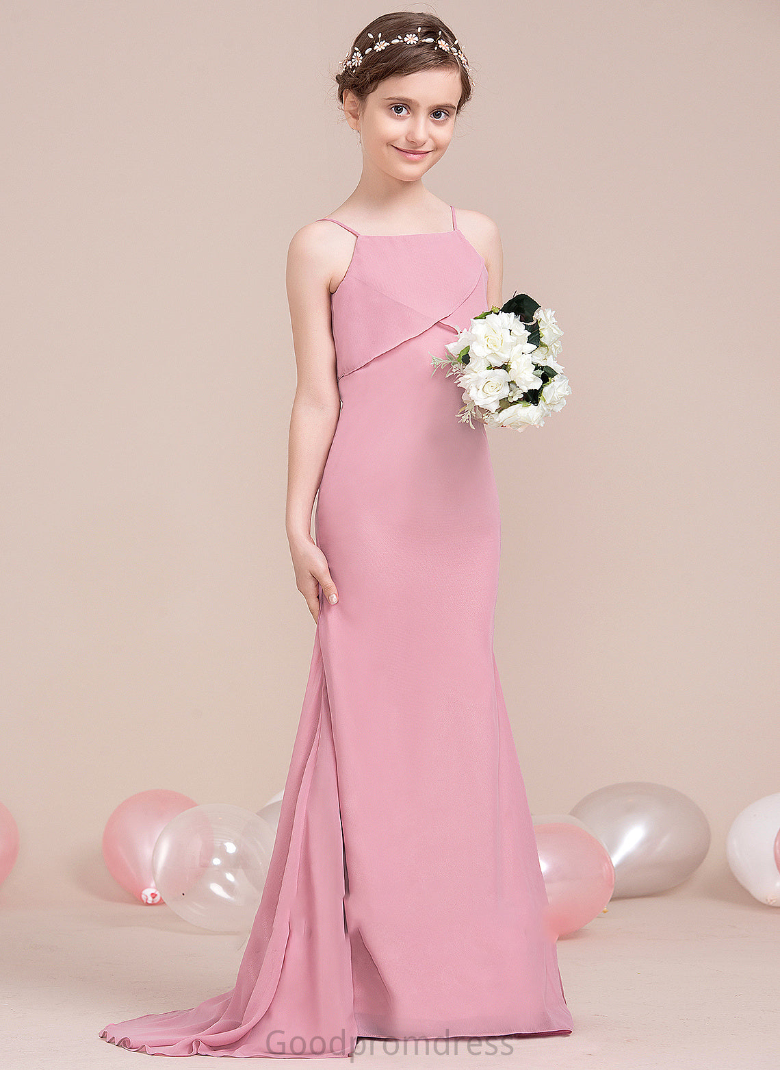 Junior Bridesmaid Dresses Chiffon Cascading Neckline Train Ally Trumpet/Mermaid With Ruffles Sweep Square