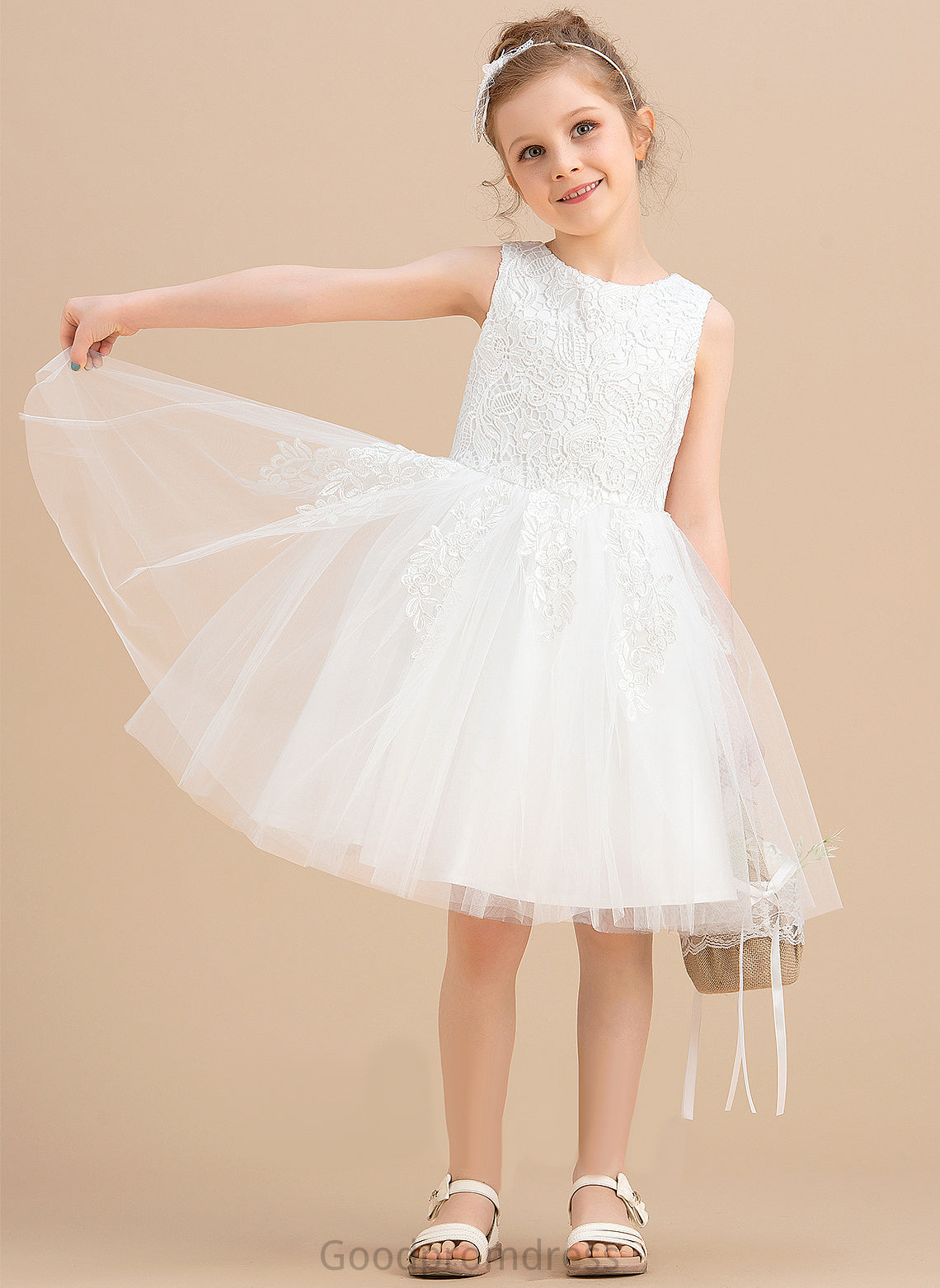 Lauryn Sleeveless Dress Girl - With Knee-length Flower Girl Dresses Neck Flower Tulle/Lace Lace/Bow(s) Scoop A-Line