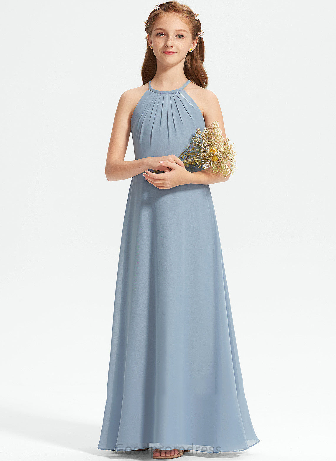 Floor-Length Martha Ruffle Scoop Chiffon A-Line Neck Junior Bridesmaid Dresses With