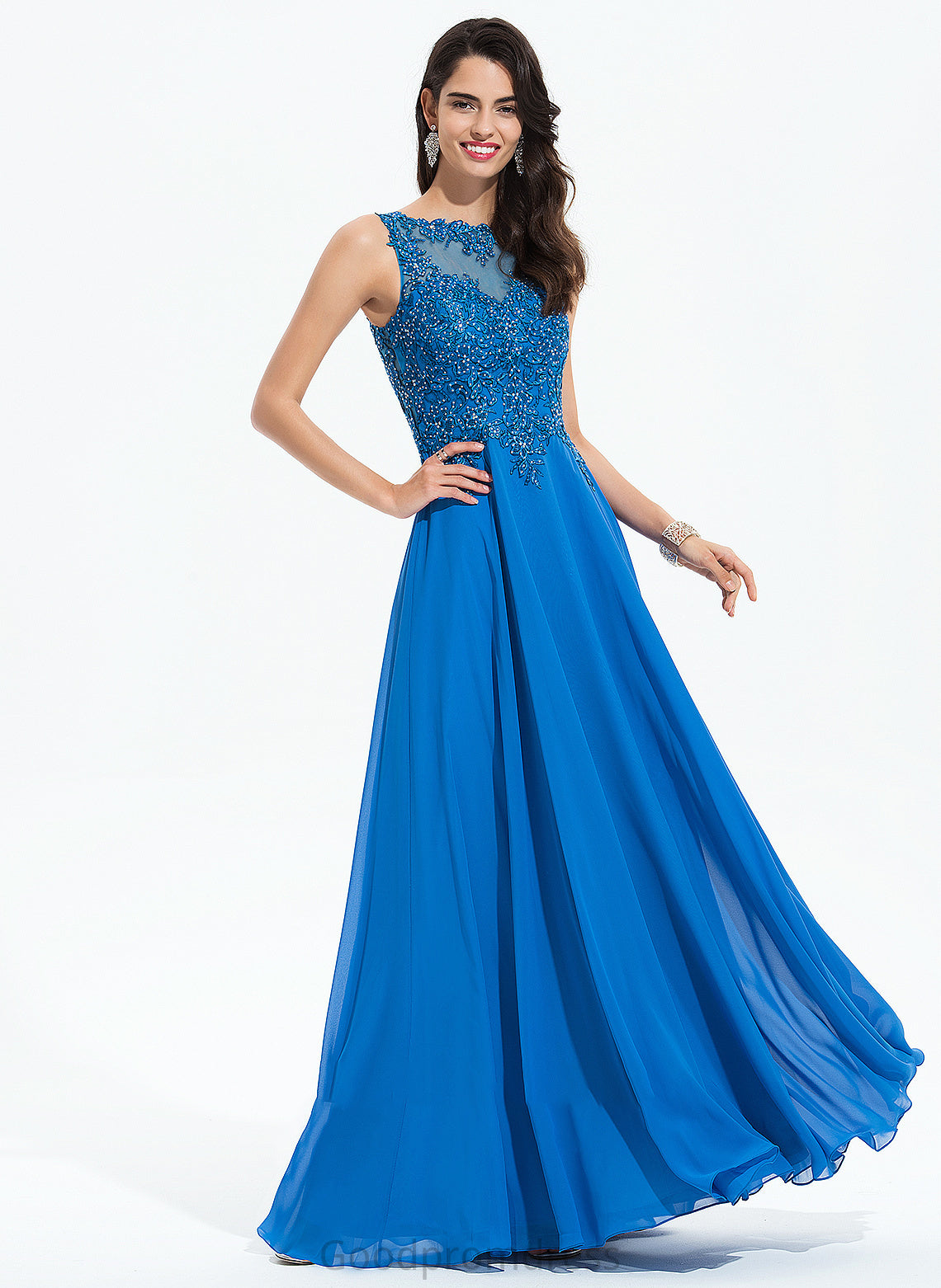 Chiffon Prom Dresses With Scoop A-Line Neck Arely Floor-Length Beading Sequins Lace