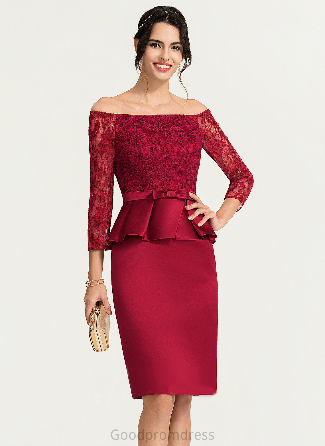 Dress Lace Off-the-Shoulder Satin Reina Knee-Length Cocktail Cocktail Dresses Sheath/Column