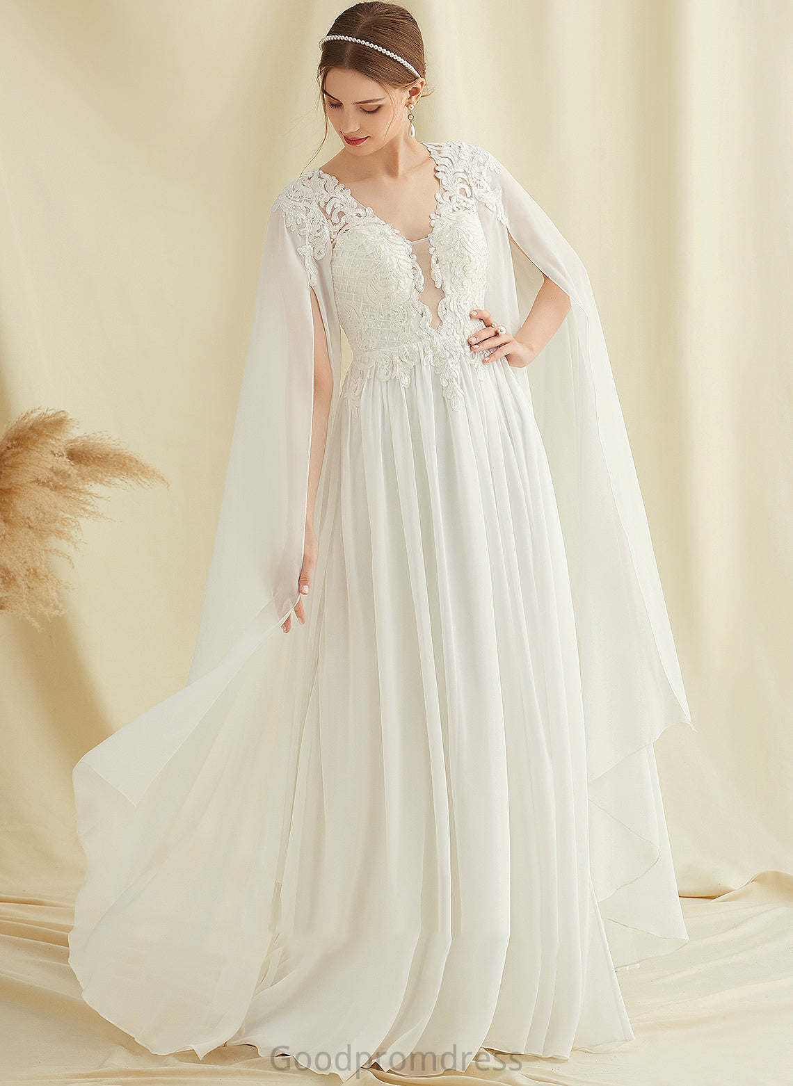 With Chiffon Lace Floor-Length Wedding Dresses Sequins Wedding Dress V-neck A-Line Guadalupe