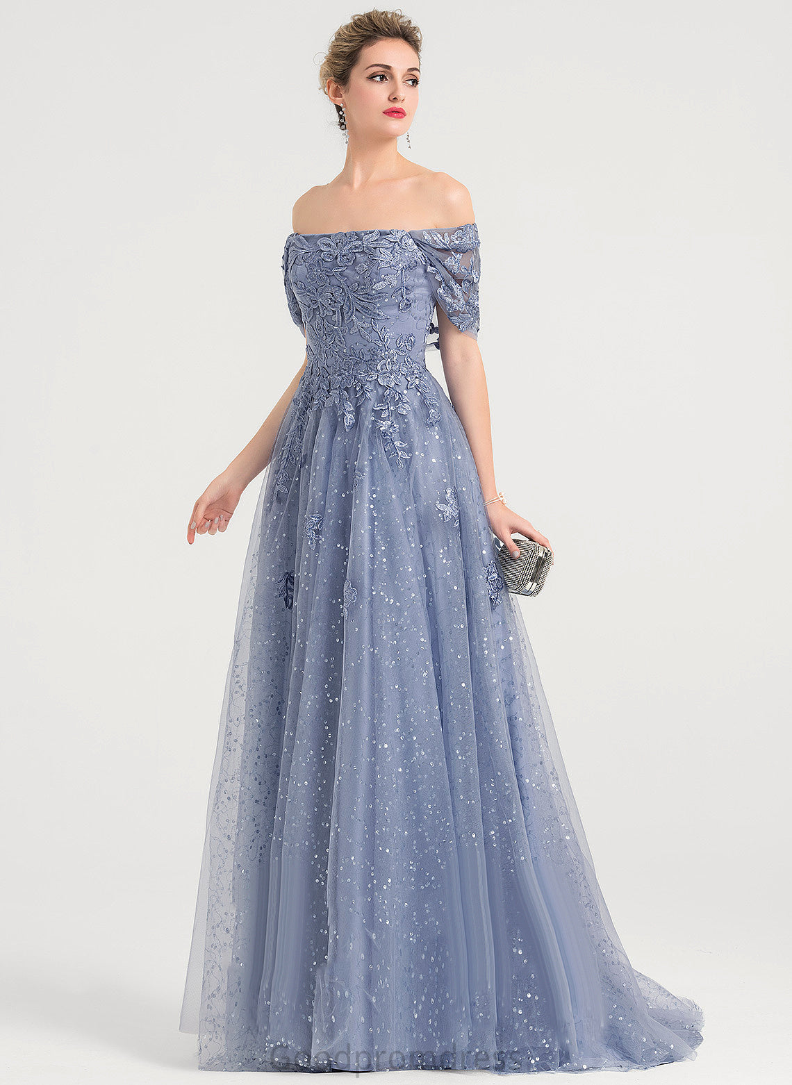 Sequins Prom Dresses Train With Ball-Gown/Princess Off-the-Shoulder Sweep Tulle Lisa Lace