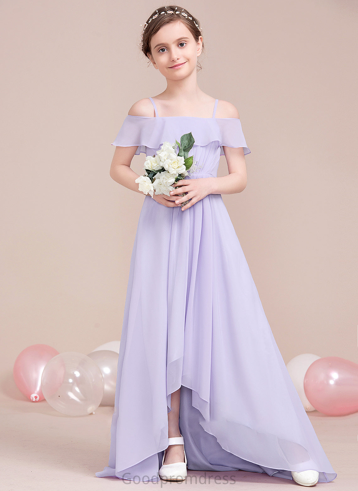 Ruffles Asymmetrical Karlee Junior Bridesmaid Dresses Off-the-Shoulder With A-Line Chiffon Cascading